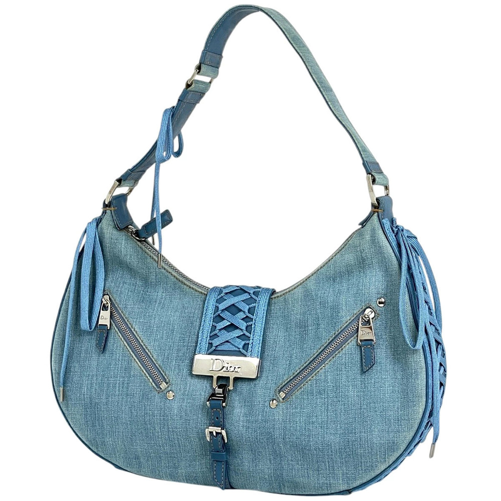 Christian Dior Admit It Shoulder Bag Lace up Ribbon Handbag Denim Blue